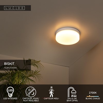 Lucide BISKIT - Plafonnier Salle de bains - Ø 23 cm - LED - 1x12W 2700K - IP44 - Détecteur De Mouvement - Blanc